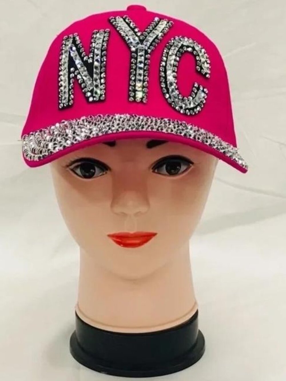 Women Fashion NYC Rhinestones Bling Bling Studs Cotton Baseball Cap - Fuchsia